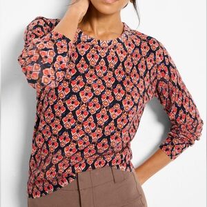 NWOT Nic + Zoe Harvest Ikat Pure Cotton Sweater Red Multi Size M